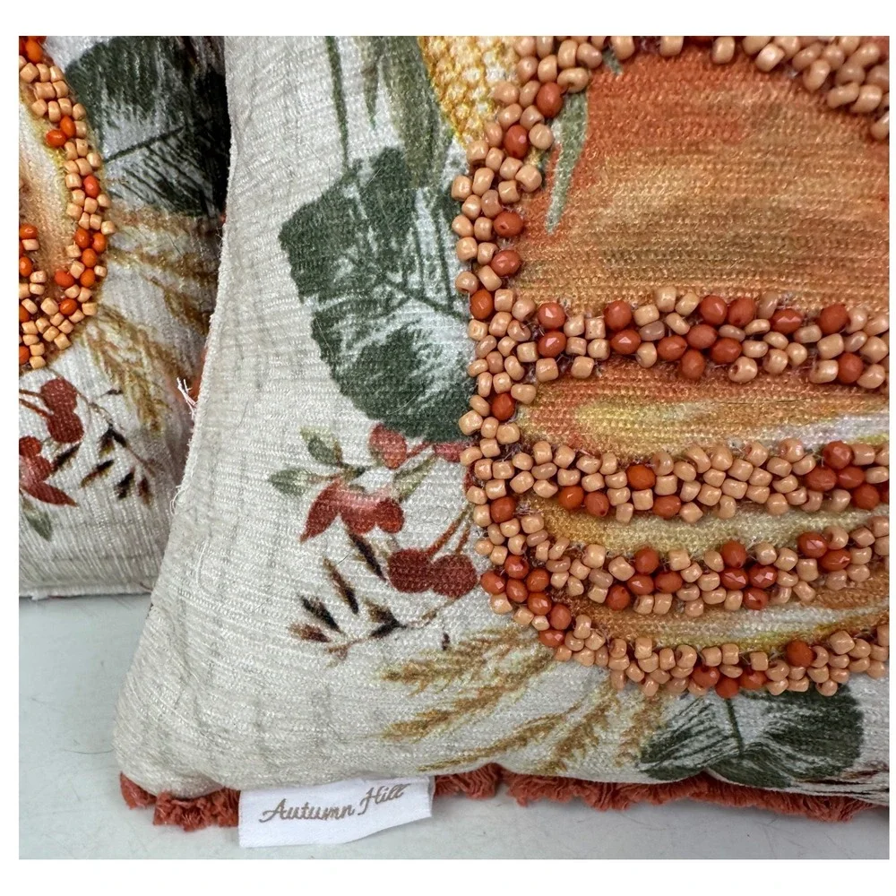 Autumn Hill Beaded Pumpkin Fall Decorative Pillows Set of 2 Harvest Rust 14x11